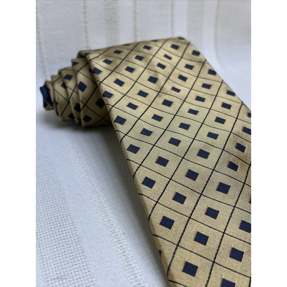 Tommy Hilfiger Men's Tie Gold Silk Black Geometric Check Diamond Vintage 90s Y2K